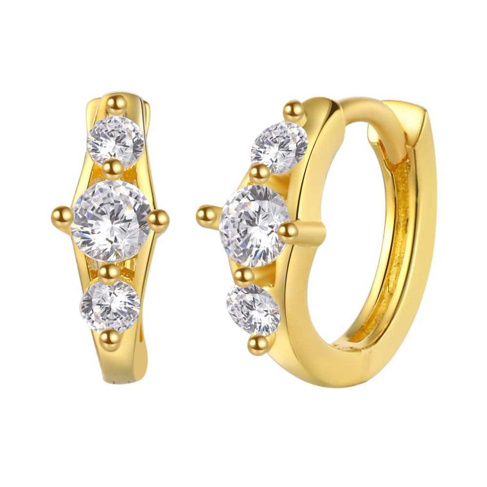 Pendientes aro de plata bañados en oro con tres circonitas blancas, 11 mm