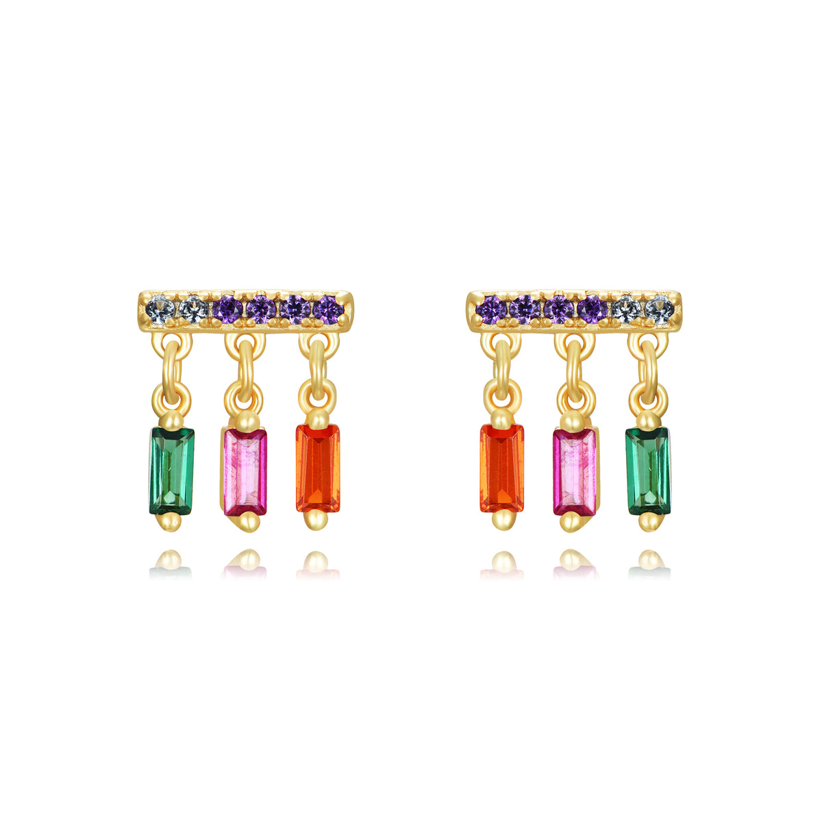 Pendientes con colgantes de circonita multicolor en plata bañada en oro, 7 mm