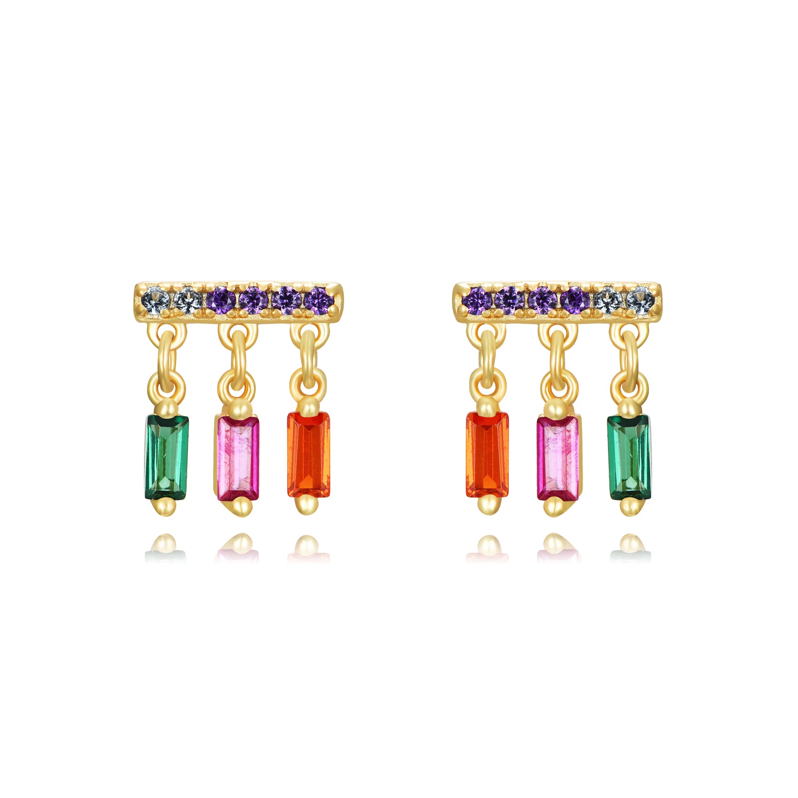 Pendientes con colgantes de circonita multicolor en plata bañada en oro, 7 mm