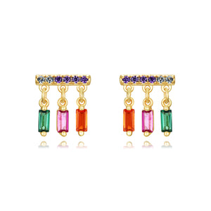 Pendientes con colgantes de circonita multicolor en plata bañada en oro, 7 mm