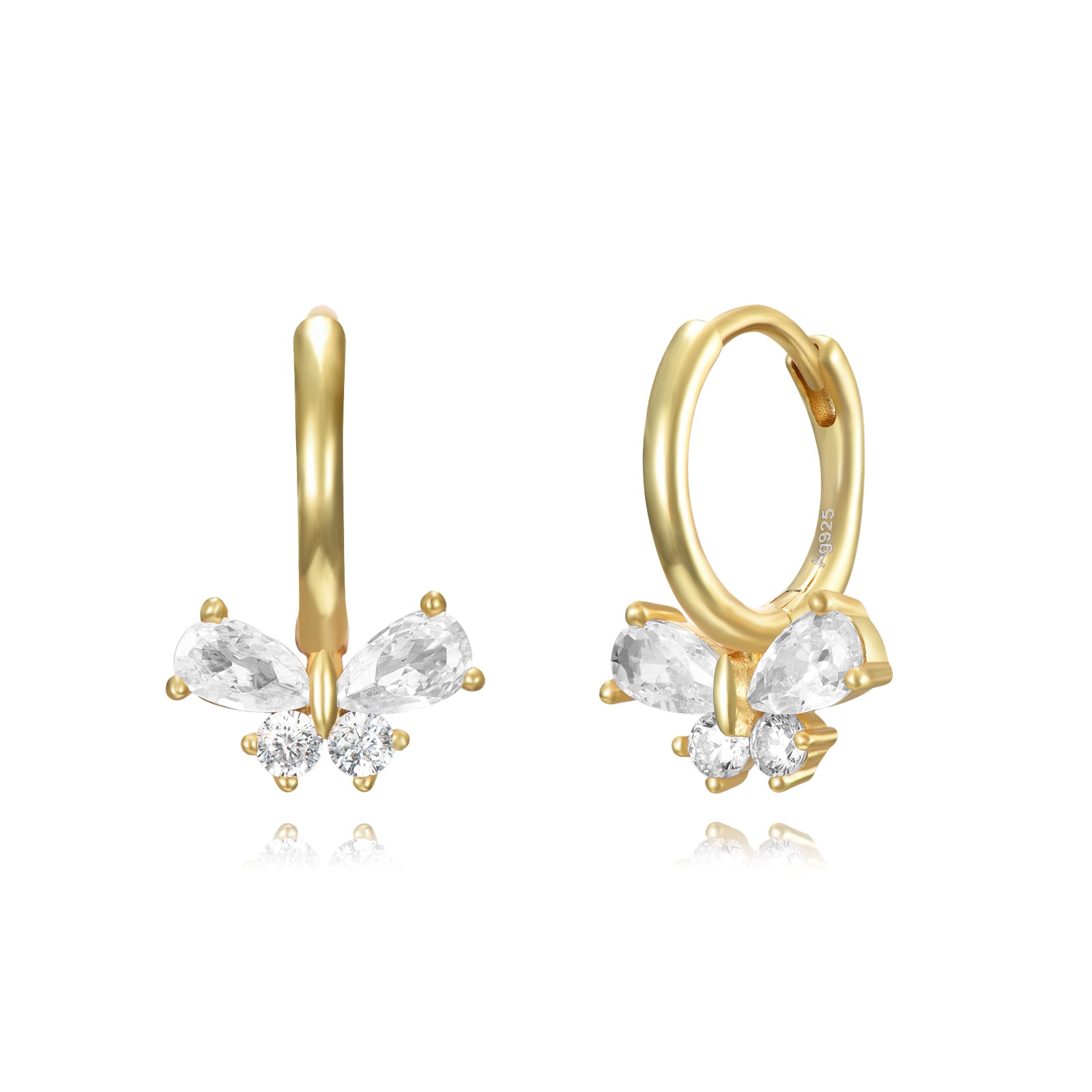 Pendientes de aro con mariposa colgante en plata bañada en oro, 11 mm y 10,50 mm