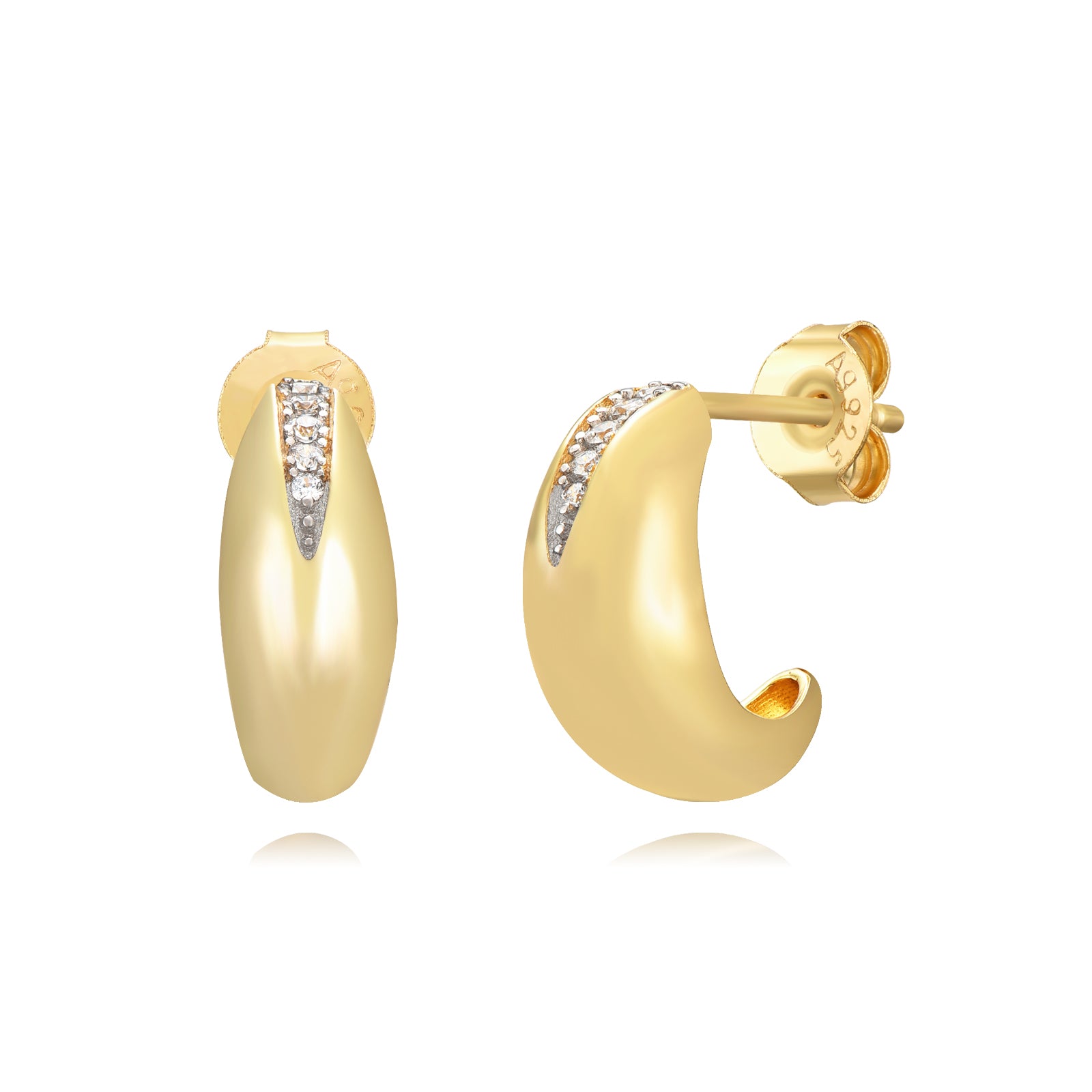 Pendientes redondos de circonita en plata bañada en oro, 13 mm
