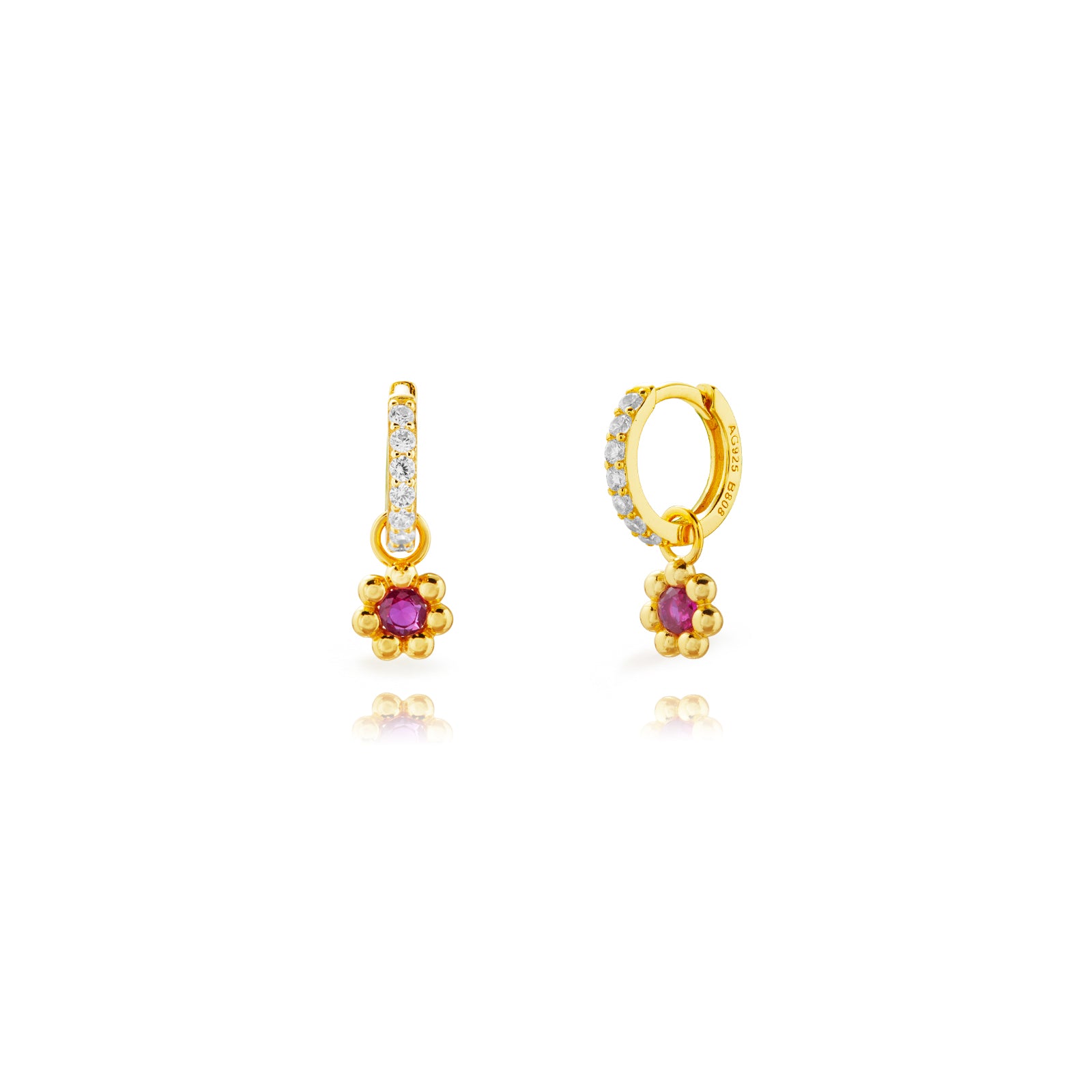 Pendientes de aro con flor y circonita rubí en plata de ley 925 chapada en oro, 11 mm y 6 mm