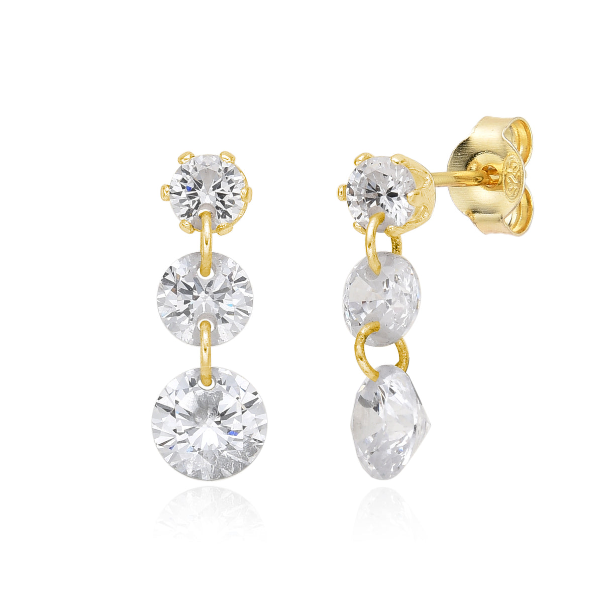 Pendientes de tres circonitas en plata bañada en oro, 17 mm