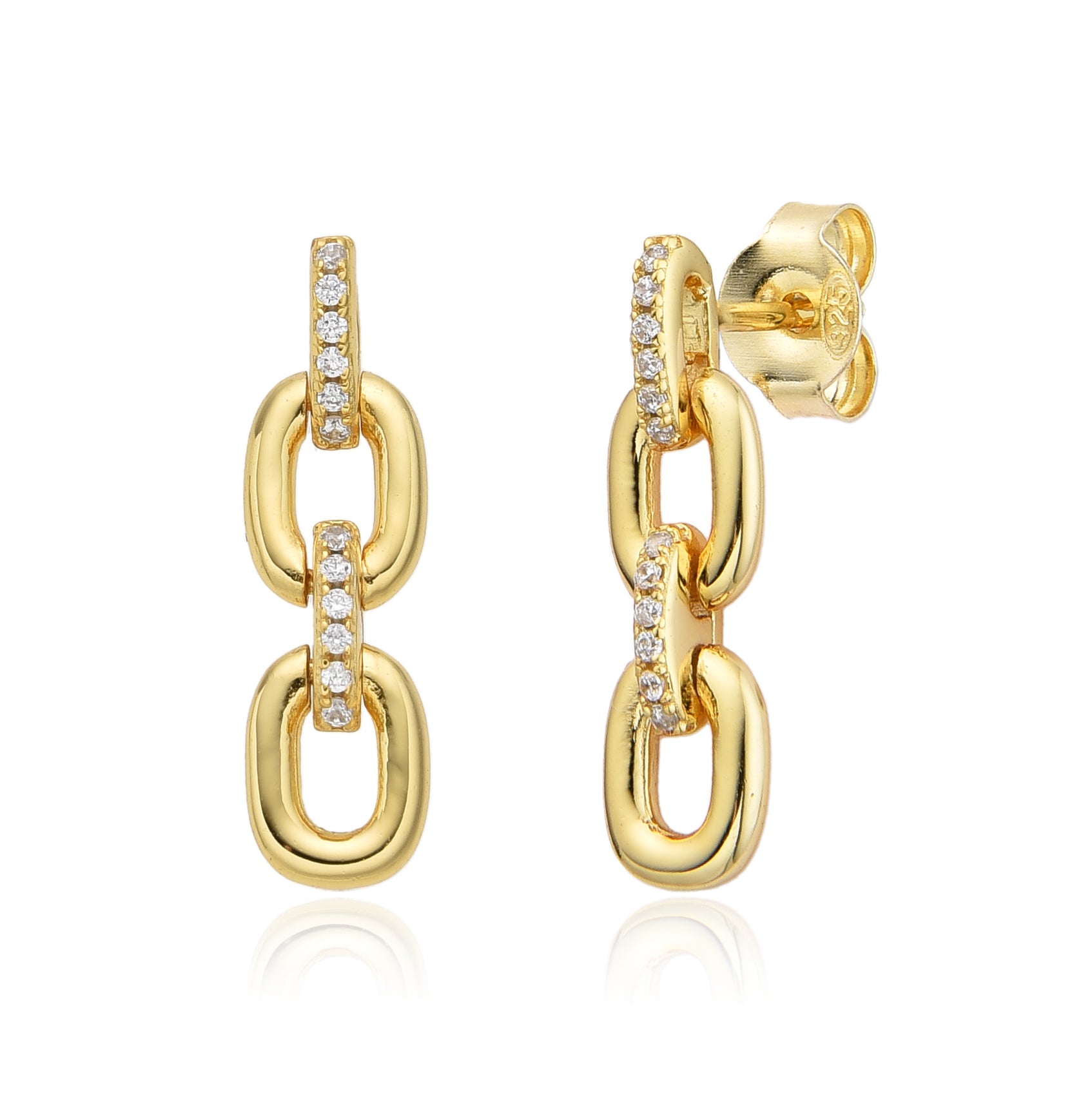 Pendientes eslabón de plata bañados en oro con circonita blanca, 20 mm