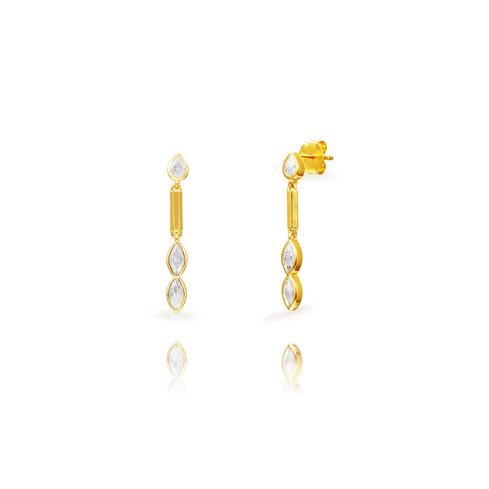 Pendientes largos de circonita marquesa en plata bañada en oro, 29 mm