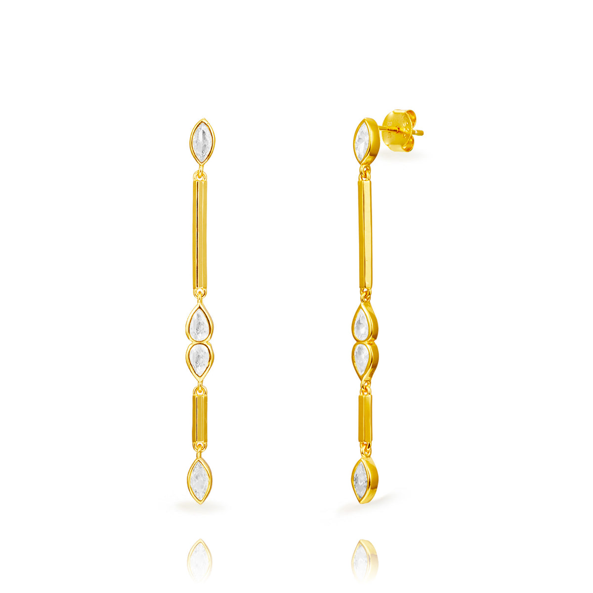 Pendientes largos colgantes de plata bañados en oro con circonita, 58 mm