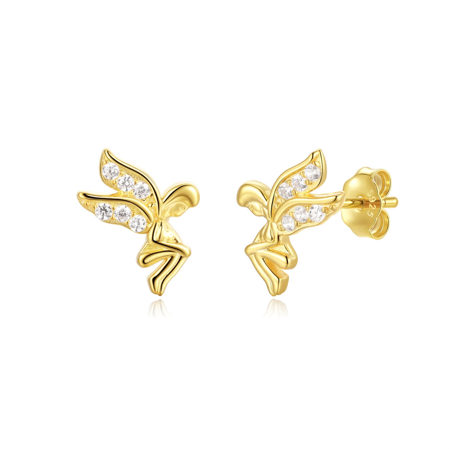 Pendientes de plata de ley 925 con baño de oro de 18k en forma de hada con circonitas, 11 mm