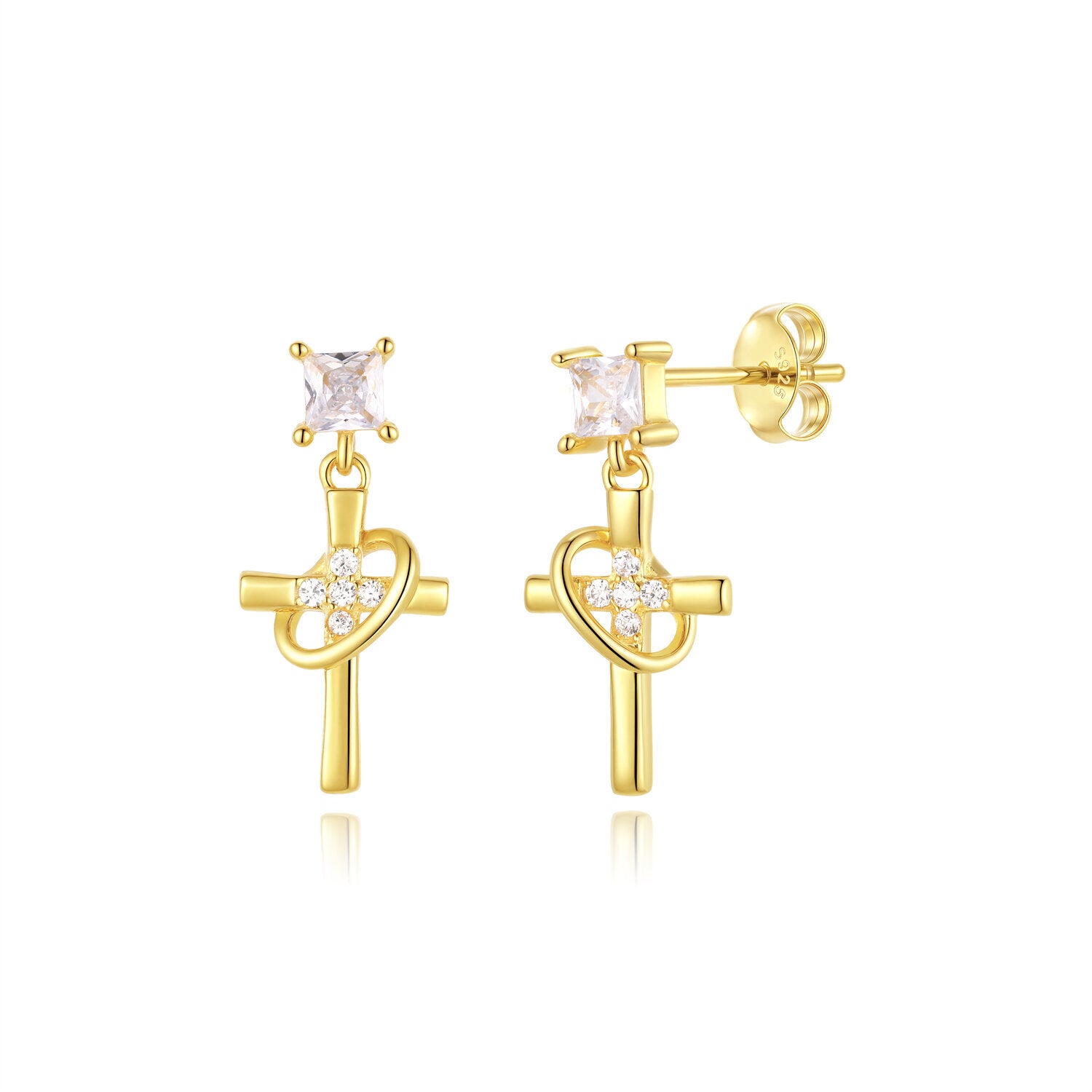 Pendientes cruz de circonita en plata bañada en oro, 17 mm