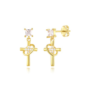 Pendientes cruz de circonita en plata bañada en oro, 17 mm