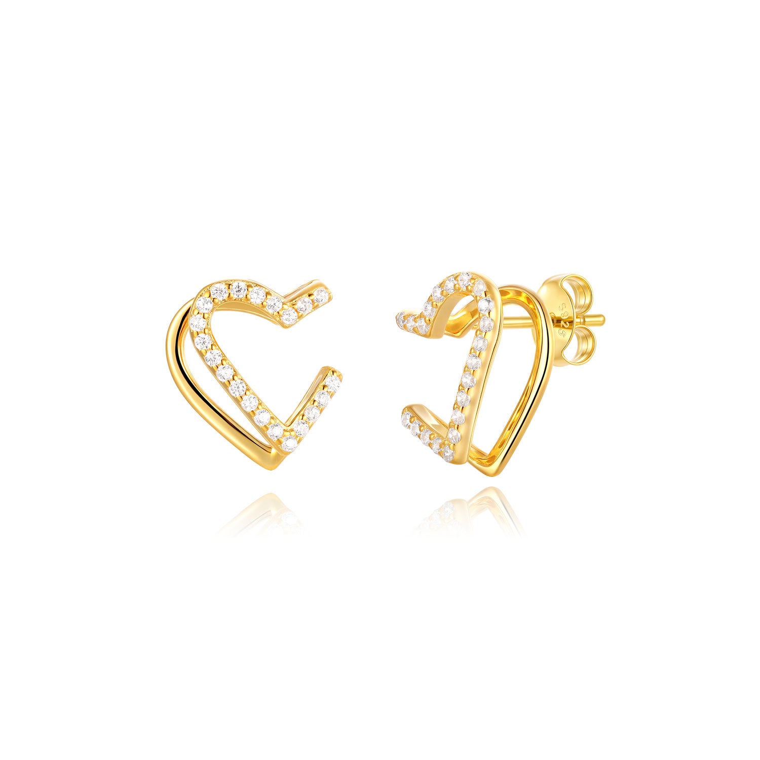 Pendientes de plata de ley 925 con baño de oro de 18k en forma de corazón con circonitas, 12 mm