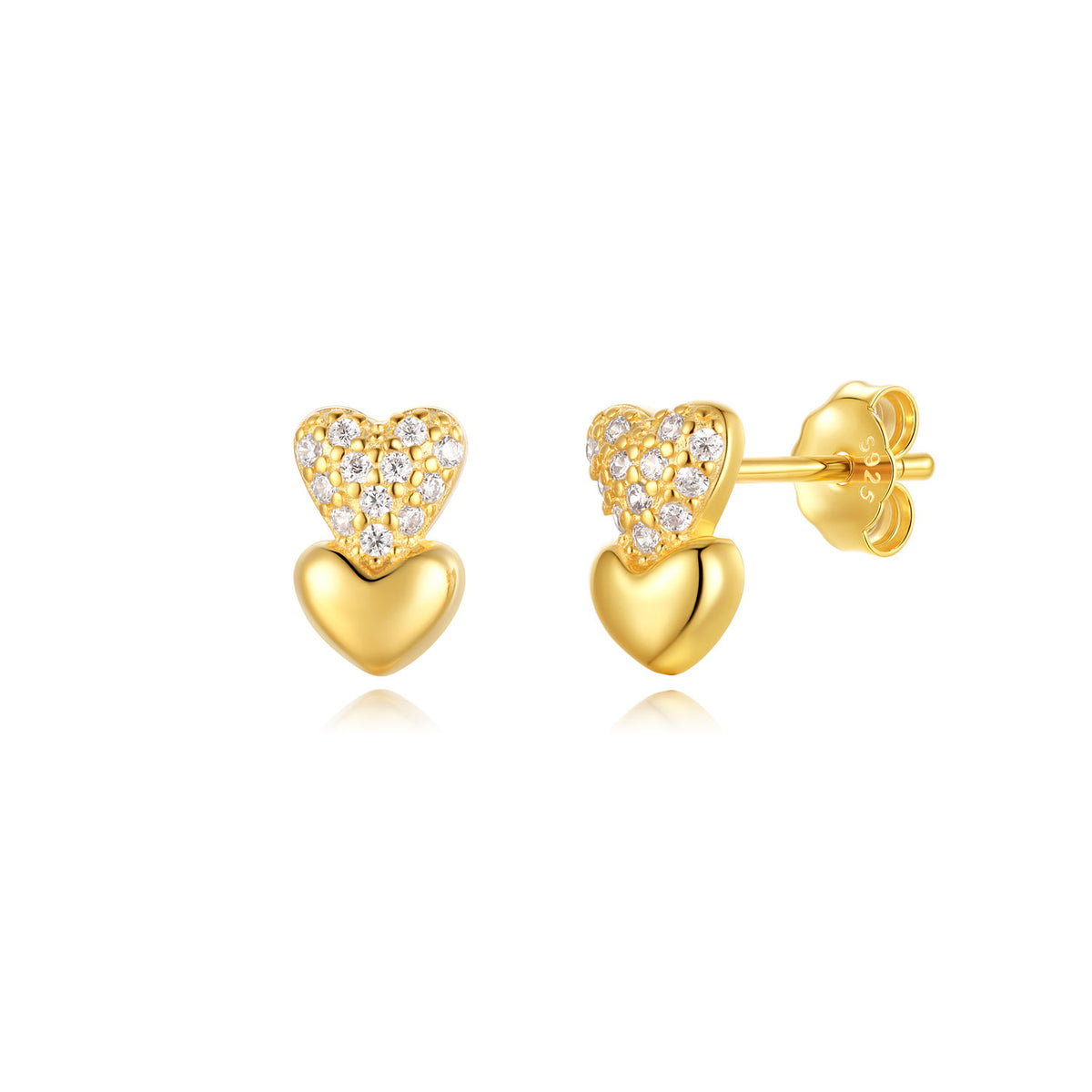 Pendientes de plata bañados en oro con dos corazones y circonita, 8 mm