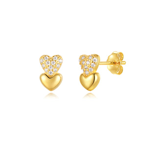 Pendientes de plata bañados en oro con dos corazones y circonita, 8 mm