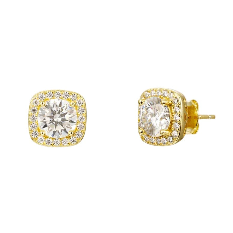 Par de pendientes de botón con halo de circonitas y moissanita de 7 mm, plata de ley 925 bañada en oro, pendiente de 10,3 mm