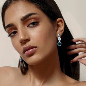 Pendientes de plata de ley largos diseño circular en tonos agua y azules chica