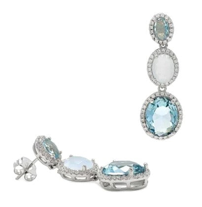 Pendientes de plata de ley largos diseño circular en tonos agua y azules