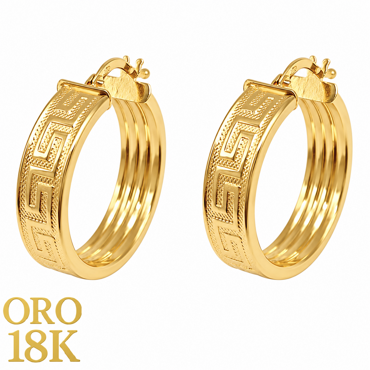 Par de aros de oro de ley 18k con dibujo de greca 6mm de anchos tamaño grande