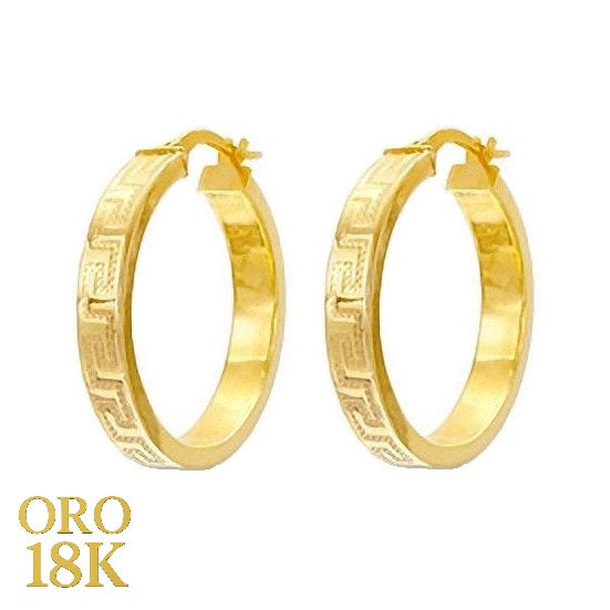 Par de aros de oro de ley 18k con dibujo de greca mediano