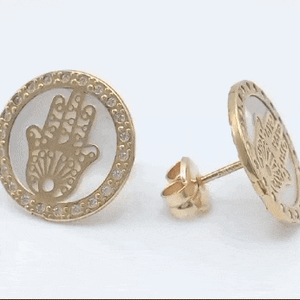 Par de pendientes de oro de ley 18k mano de Fátima con nácar grandes gif
