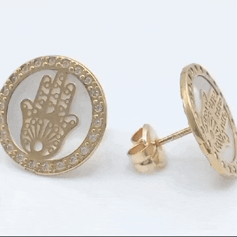 Par de pendientes de oro de ley 18k mano de Fátima con nácar grandes gif