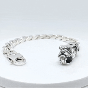 Pulsera cubana de plata de ley 925 maciza con cierre diseño cabeza de perro bull dog gif