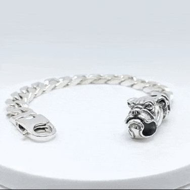Pulsera cubana de plata de ley 925 maciza con cierre diseño cabeza de perro bull dog gif