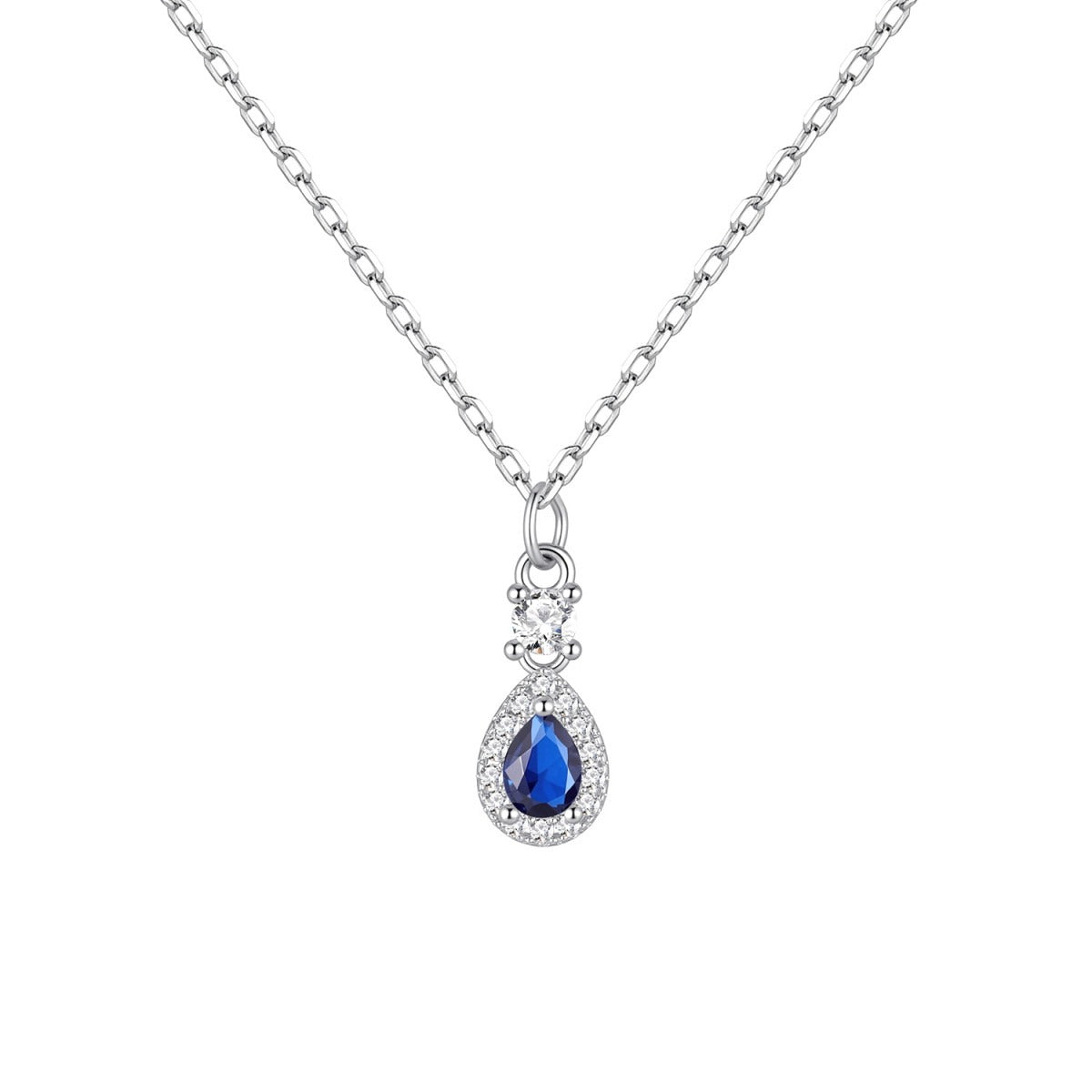 Gargantilla de plata de ley con colgante de gota de circonita zafiro, 5x10 mm, cadena de 40 + 5 cm