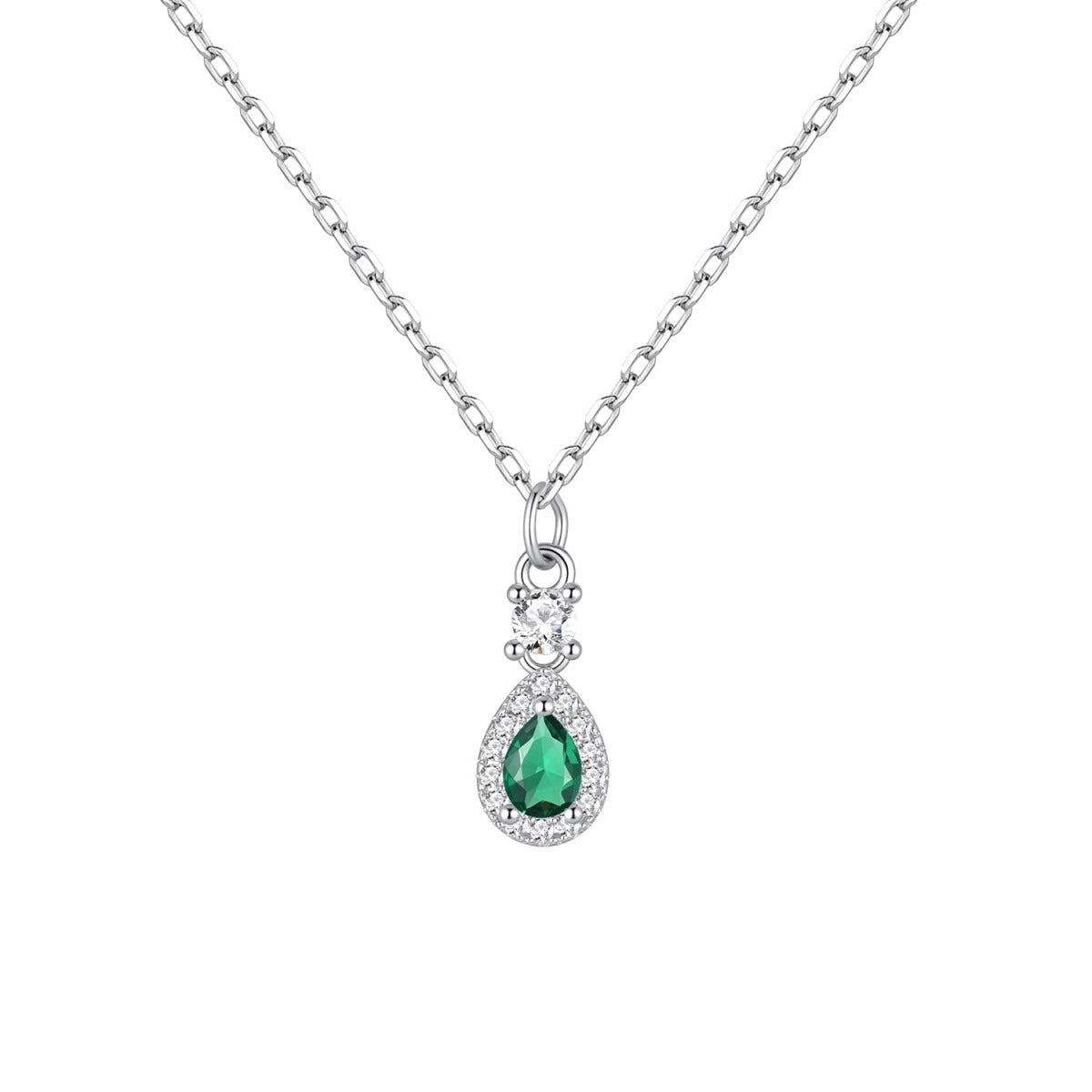 Gargantilla de plata de ley con colgante de gota de circonita esmeralda, 5x10 mm, cadena de 40 + 5 cm