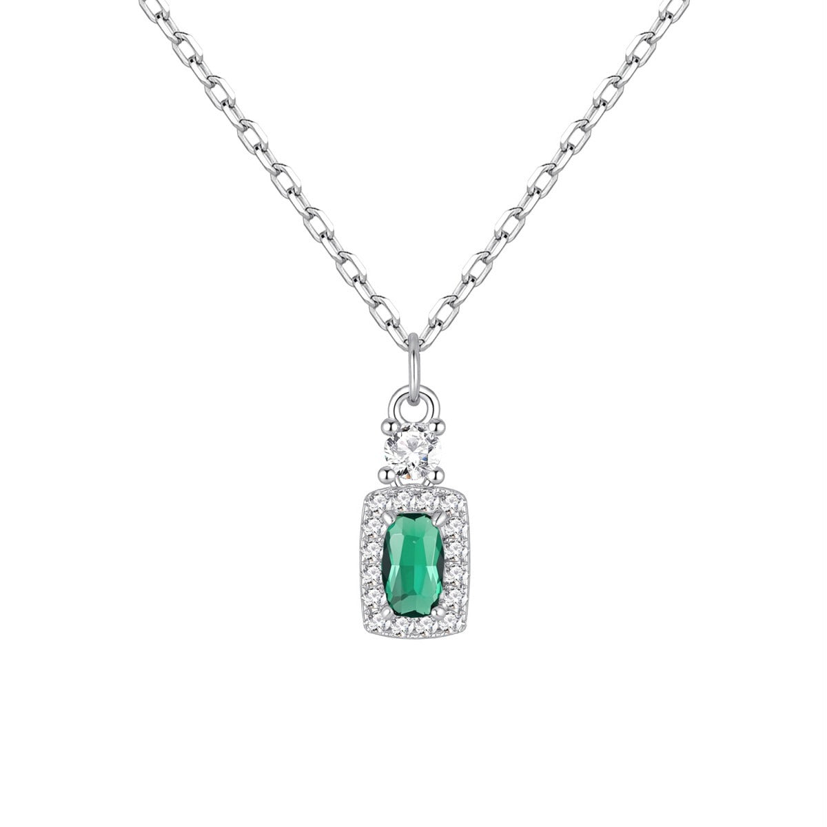 Gargantilla de plata de ley con colgante cuadrado de circonita esmeralda, 5x11 mm, cadena de 40 + 5 cm