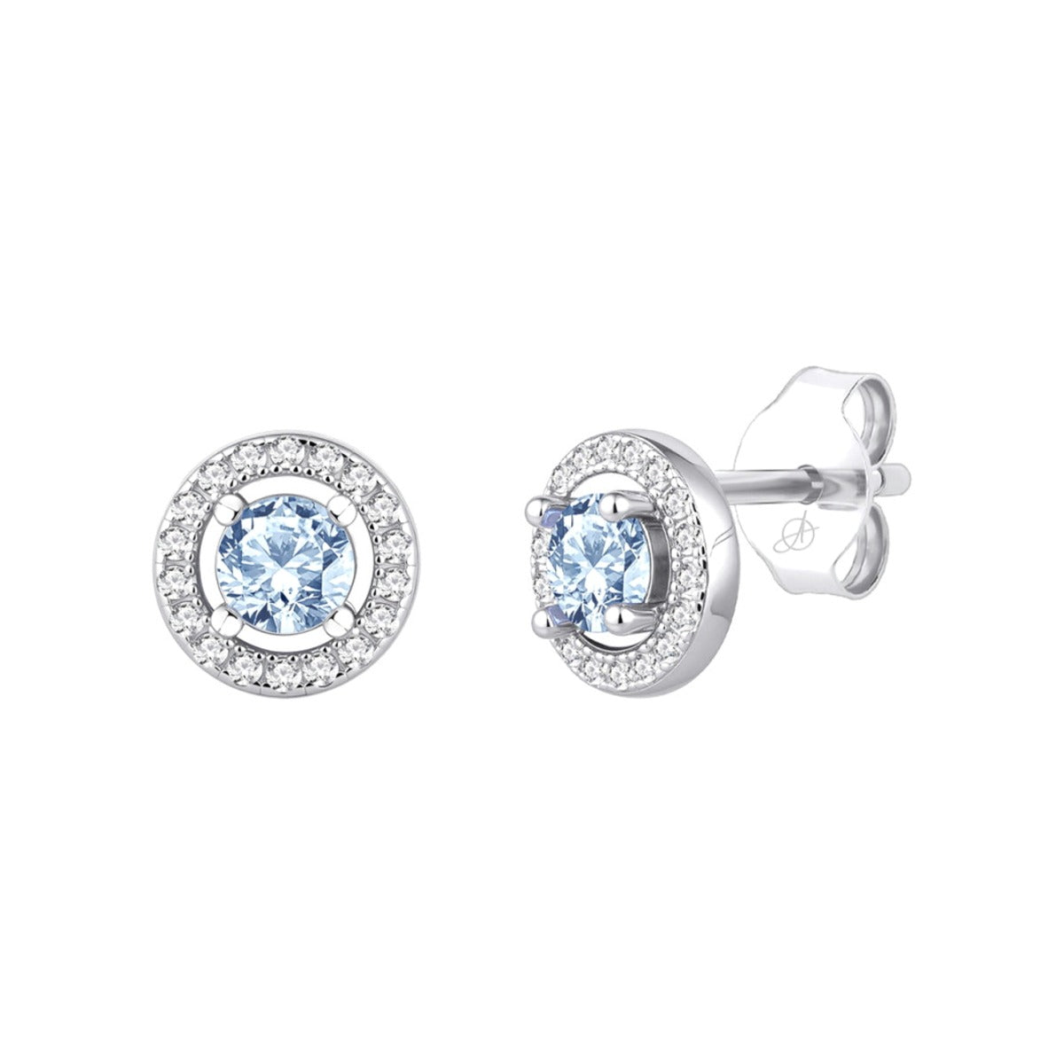 Pendientes de plata de ley 925 con circonita redonda color aguamarina orlada de circonitas blancas