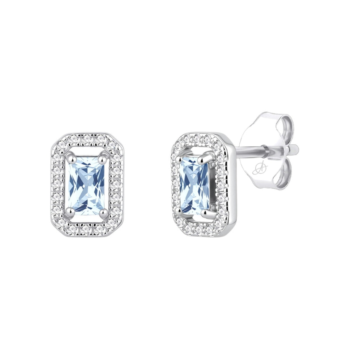 Pendientes de plata de ley 925 con circonita rectangular color aguamarina orlada de blancas