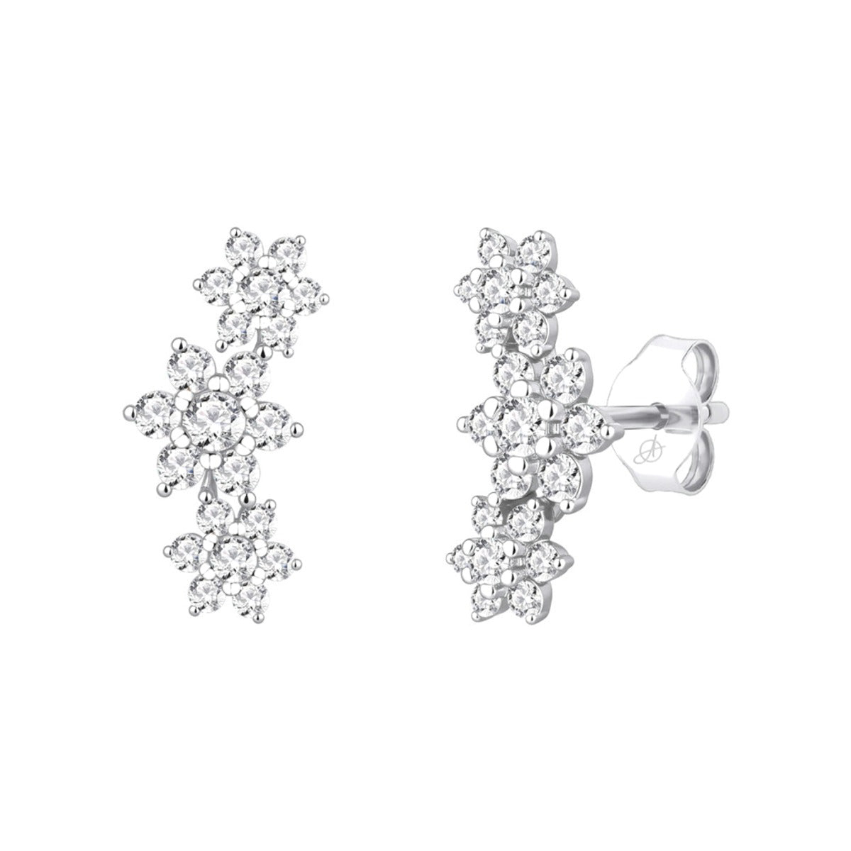 Pendientes de plata de ley 925 Elegance con tres flores de circonitas en línea