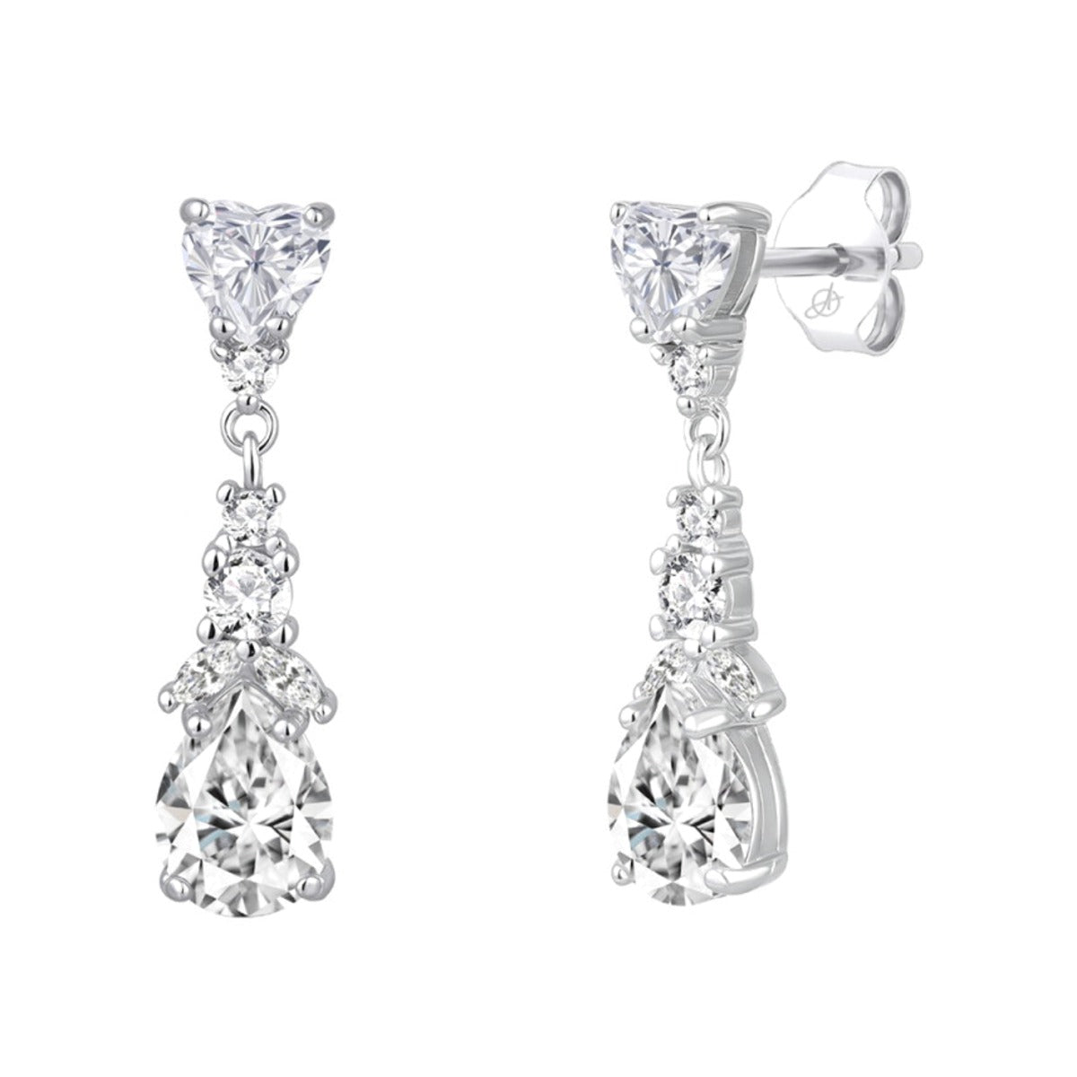 Pendientes largos de plata de ley 925 con corazón de circonitas colgante
