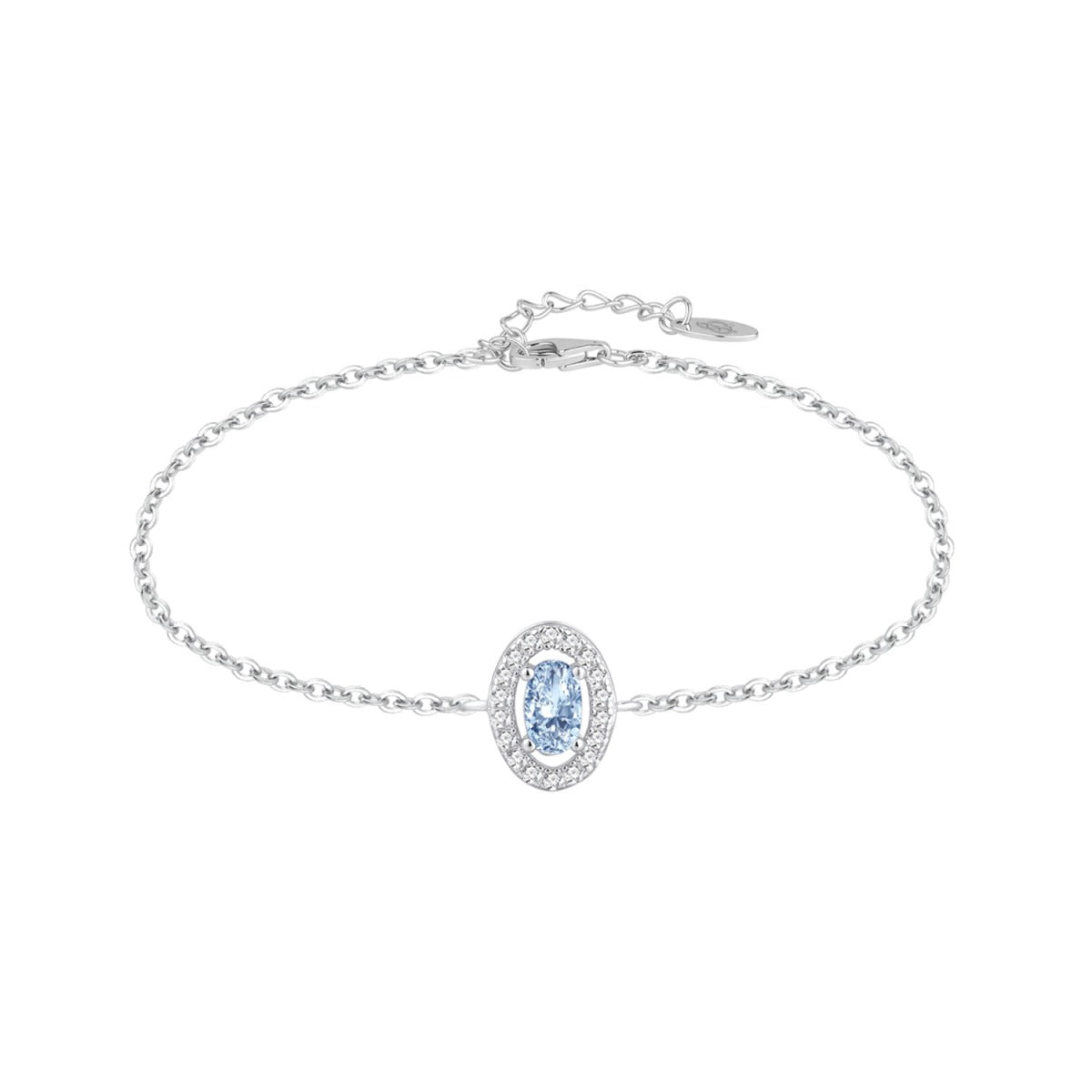Pulsera de plata de ley 925 con circonita oval color aguamarina y orla de circonitas