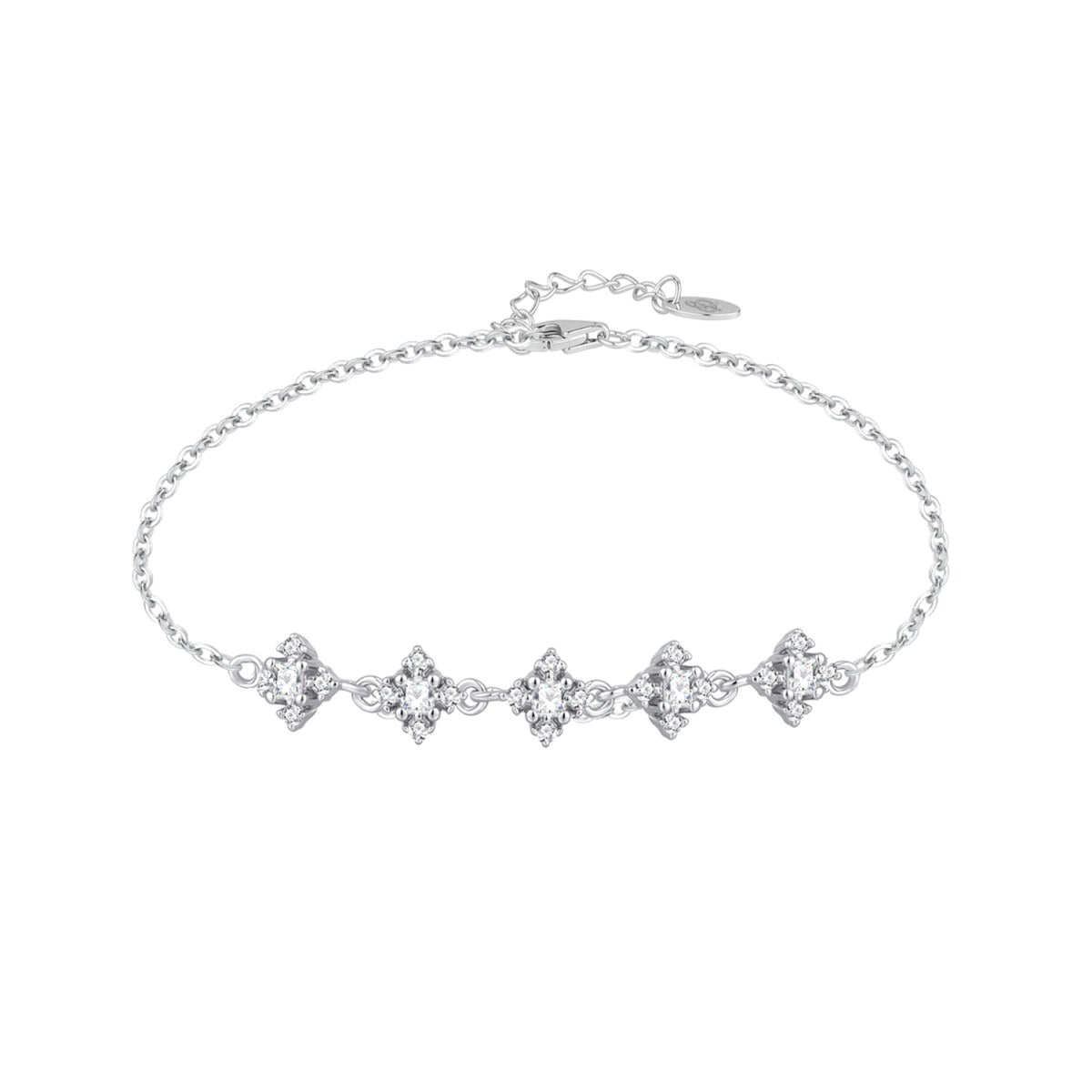 Pulsera de plata de ley 925 con cinco rombos de circonitas sobre cadena fina