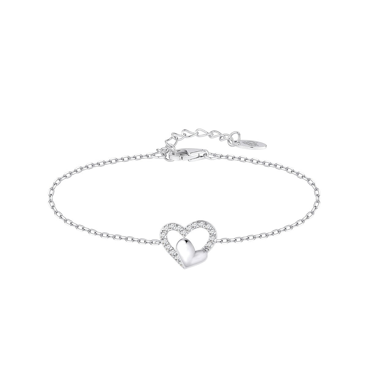 Pulsera de plata de ley con doble corazón de circonitas
