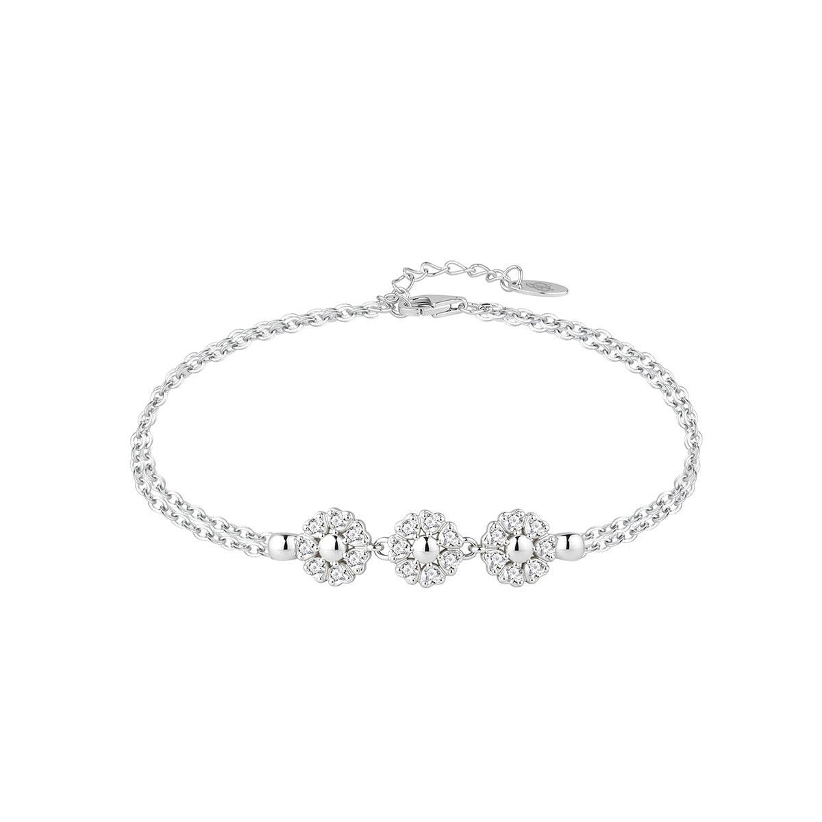 Pulsera de plata de ley con tres flores de circonitas