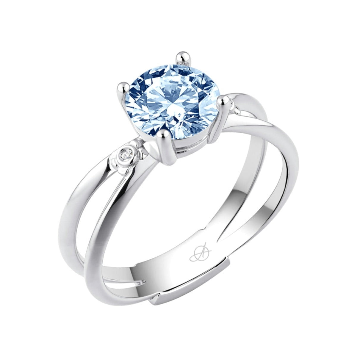 Anillo de plata de ley 925 de doble brazo con circonita color aguamarina