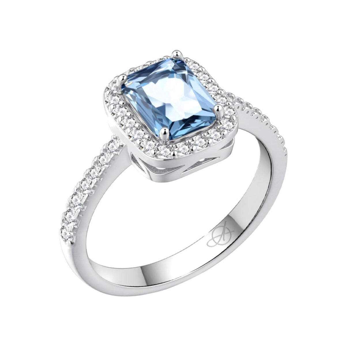 Anillo de plata de ley 925 con circonita rectangular color aguamarina orlada
