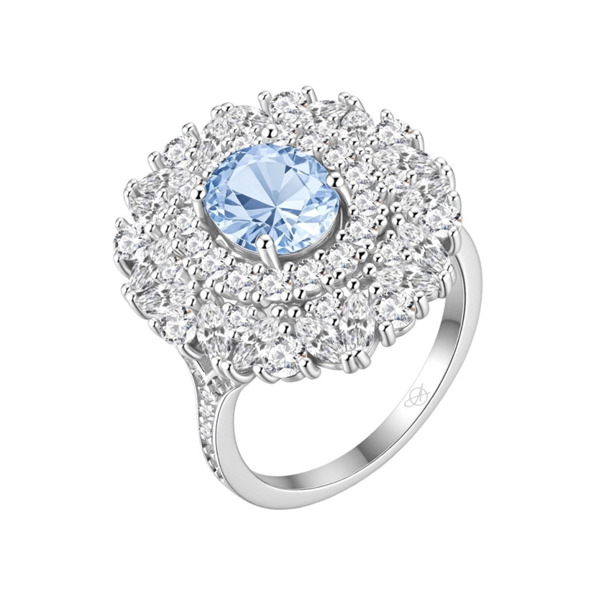 Anillo de plata de ley 925 con gran rosetón de circonitas y piedra aguamarina
