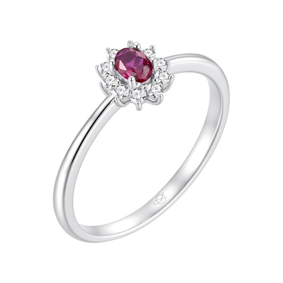 Sortija de plata de ley con rosetón de circonita rubí, 6x7 mm