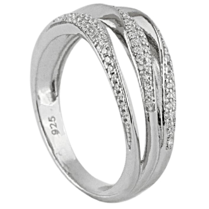 Anillo de Plata de Ley con circonitas blancas con diseño de líneas entrecruzadas