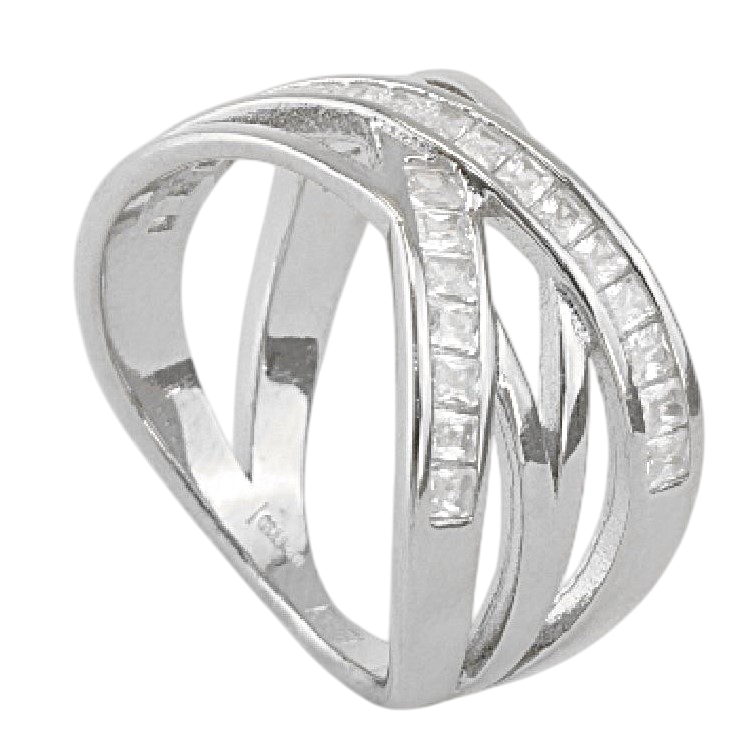 Anillo de Plata de Ley ancho con circonitas blancas con diseño de líneas entrecruzadas