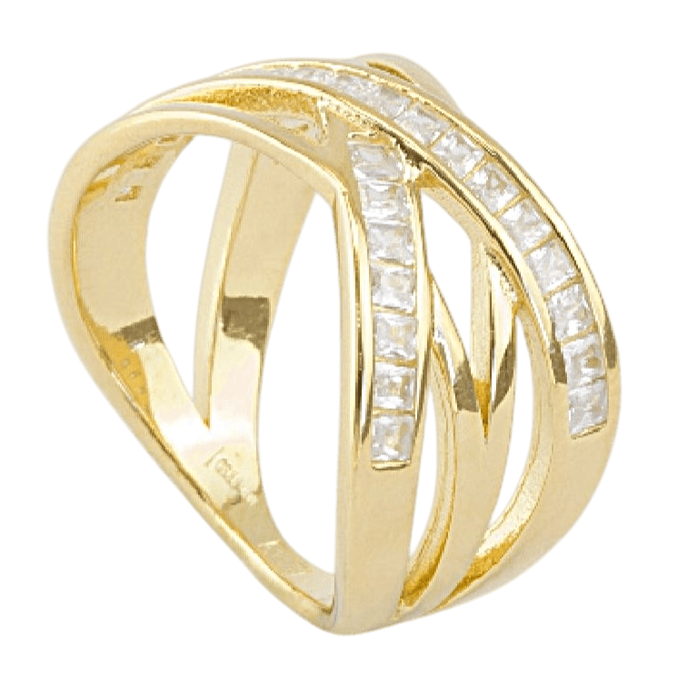 Anillo de Plata de Ley bañada en oro ancho con circonitas blancas con diseño de líneas entrecruzadas