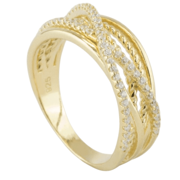 Anillo de Plata de Ley bañada en oro ancho con circonitas blancas con diseño de líneas entrecruzadas