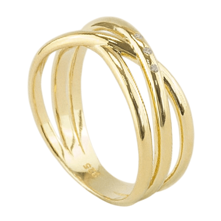 Anillo de Plata de Ley bañada en oro ancho con líneas entrecruzadas lisas y detalle de tres circonitas
