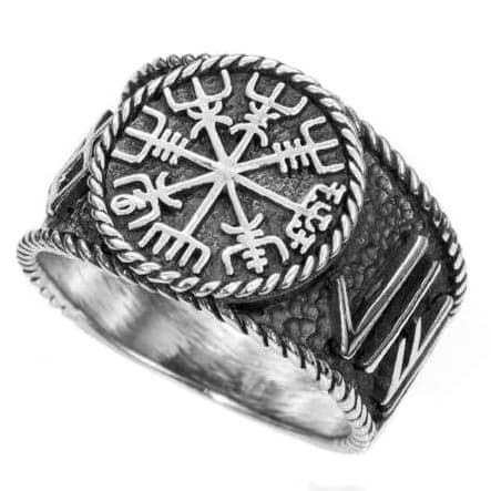 Anillo de plata de ley sello con brújula vikinga y runas