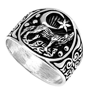 Anillo de plata de ley sello con dibujo de lobo y luna