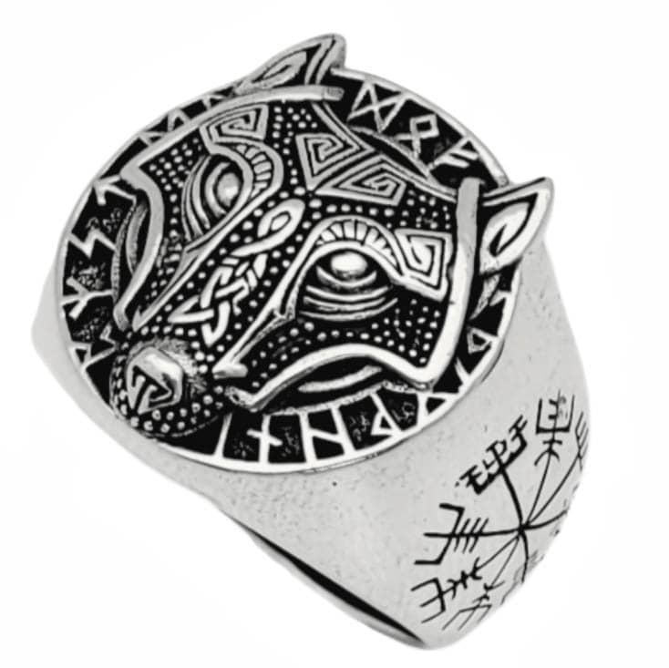 Anillo de plata de ley con runas vikingas y cabeza de lobo