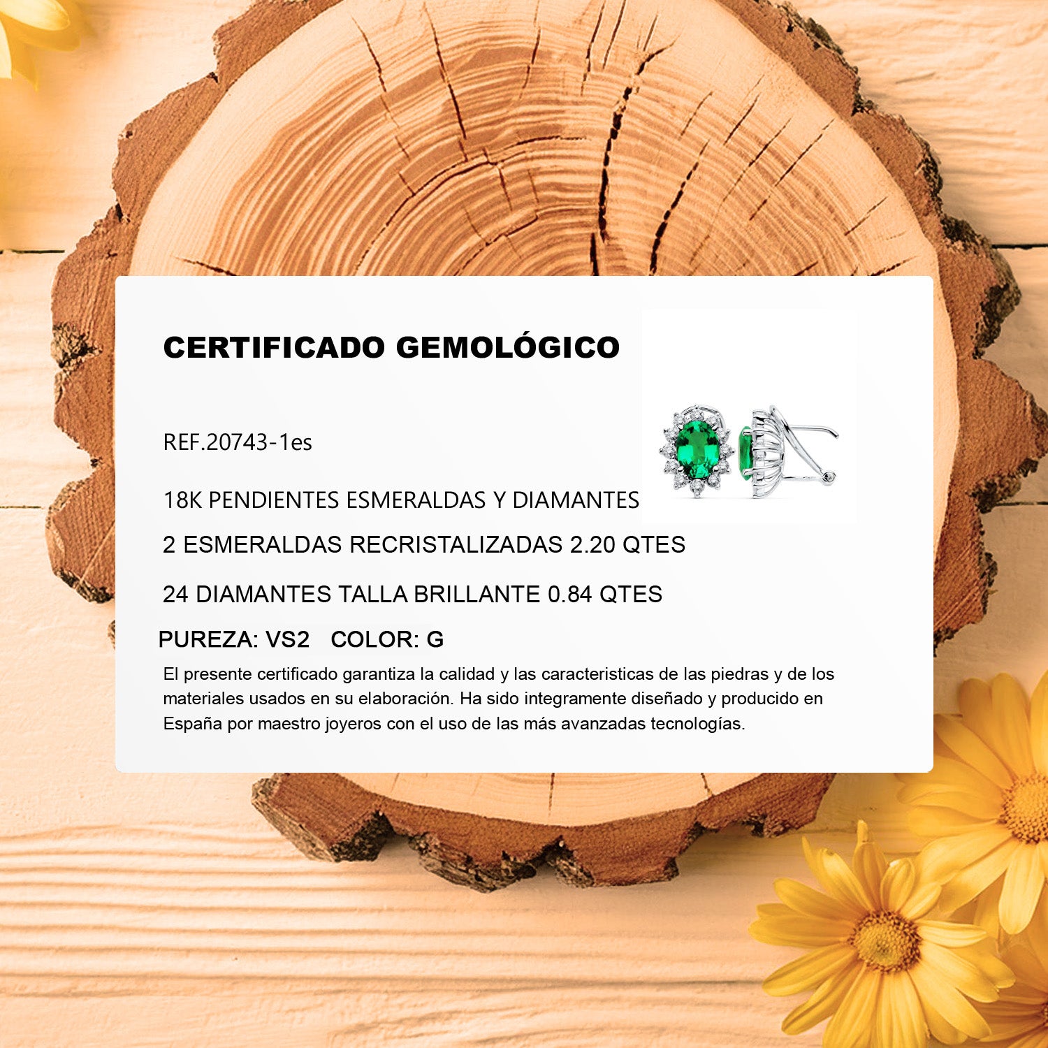 certificado de garantia de Pendientes de oro blanco 18k con esmeralda y cerco de diamantes